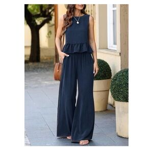 Chic Sleeveless Navy Wide Leg Set